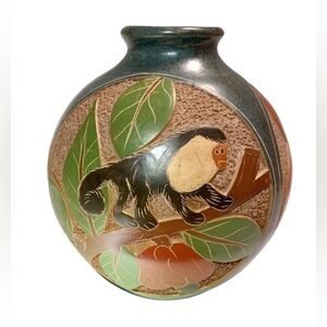 Vintage South American Carved Folk Art Clay Vase Pottery Monkey Toucan Turtle